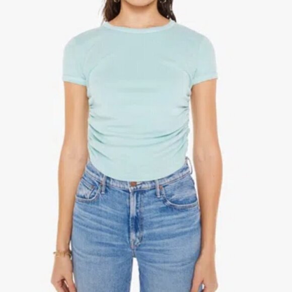 #33 NWT MOTHER Denim The It's A Cinch Side Ruched Tee in Eggshell Blue - Picture 1 of 6